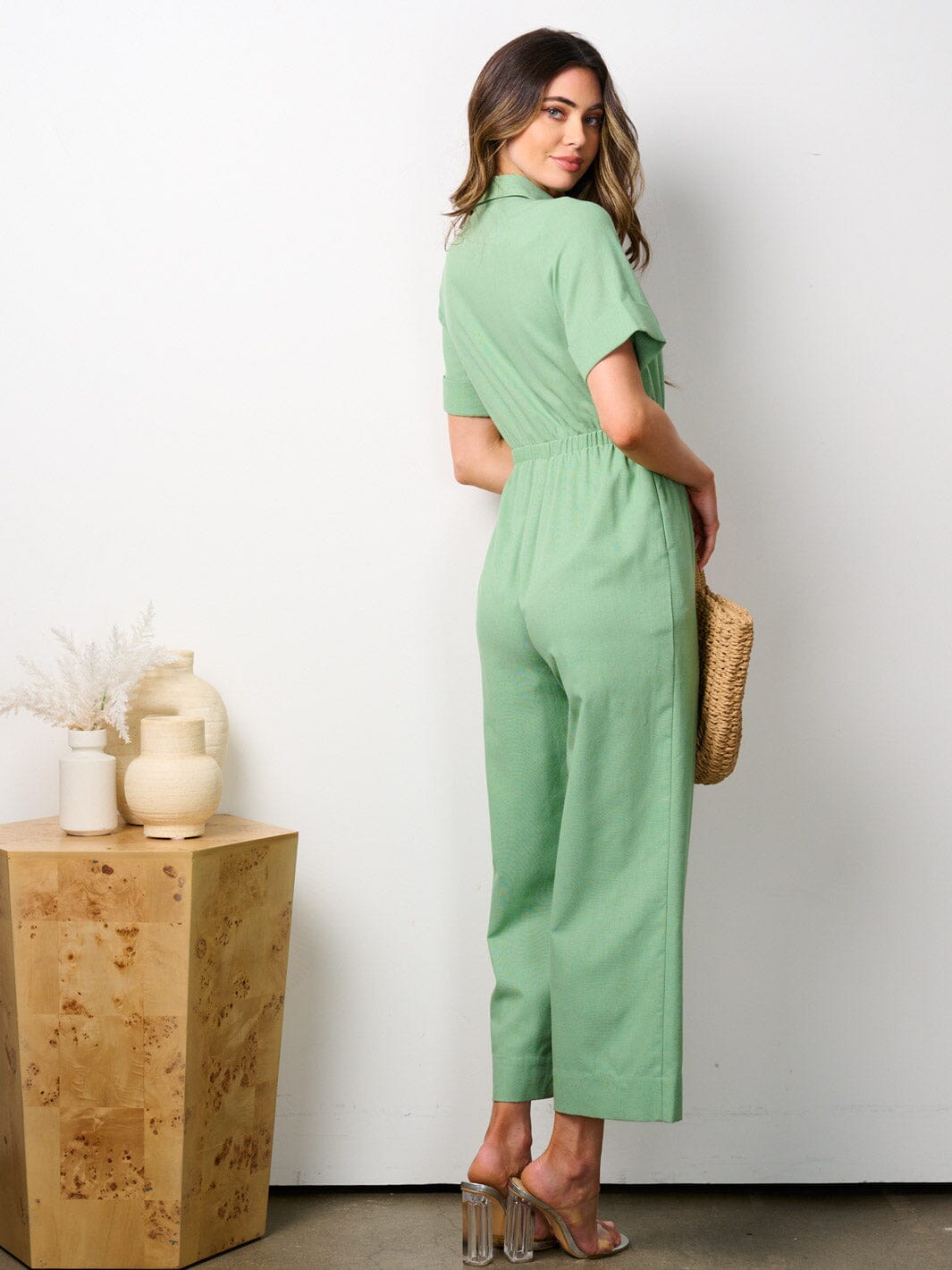 WOMEN'S SHORT SLEEVES BUTTON UP POCKETS JUMPSUIT