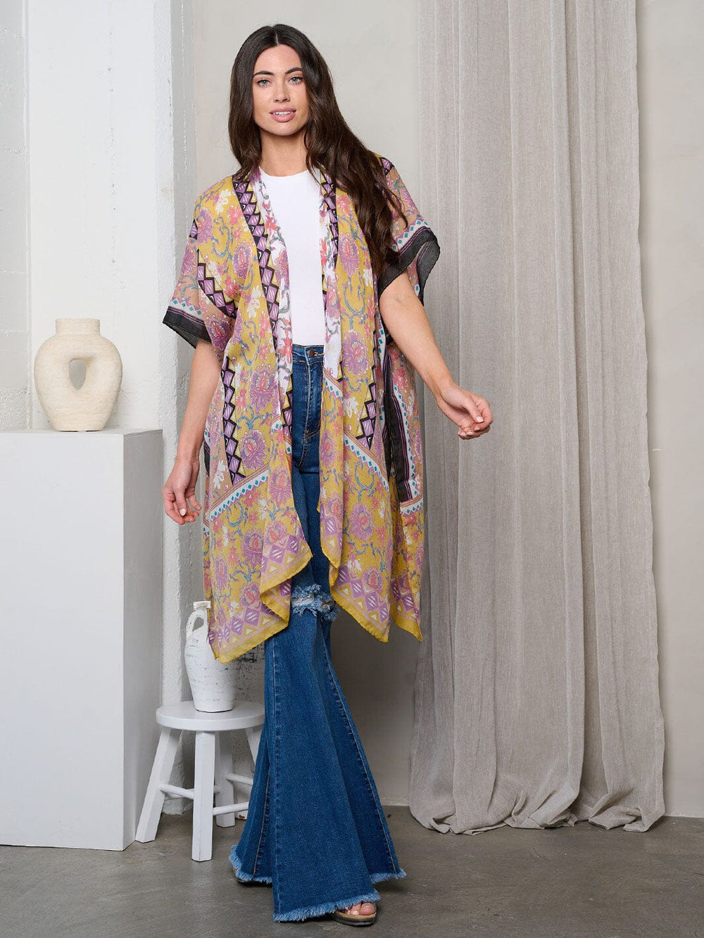 WOMEN'S SHORT SLEEVE OPEN FRONT FLOWERS PRINT KIMONO