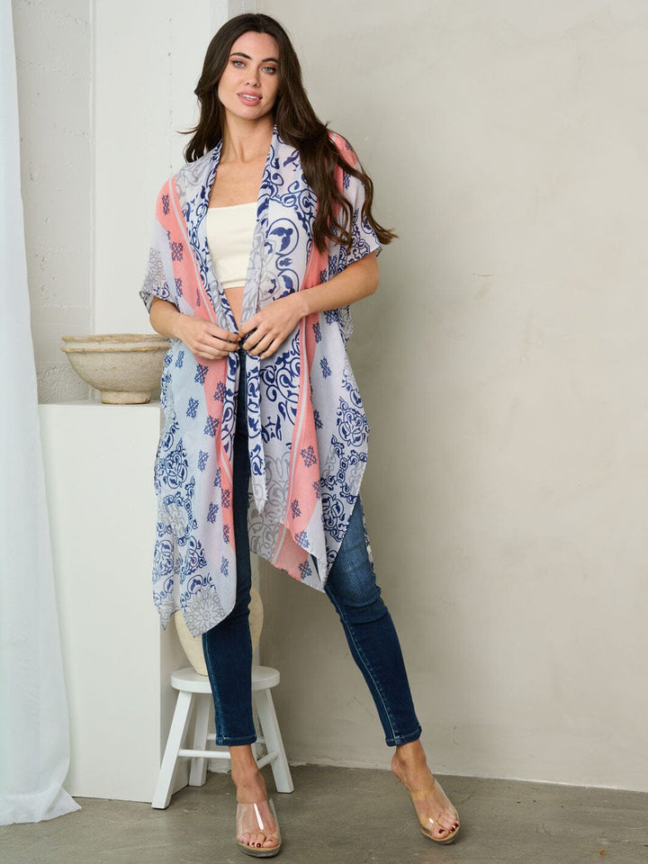 WOMEN'S SHORT SLEEVE OPEN FRONT MULTI PRINT KIMONO