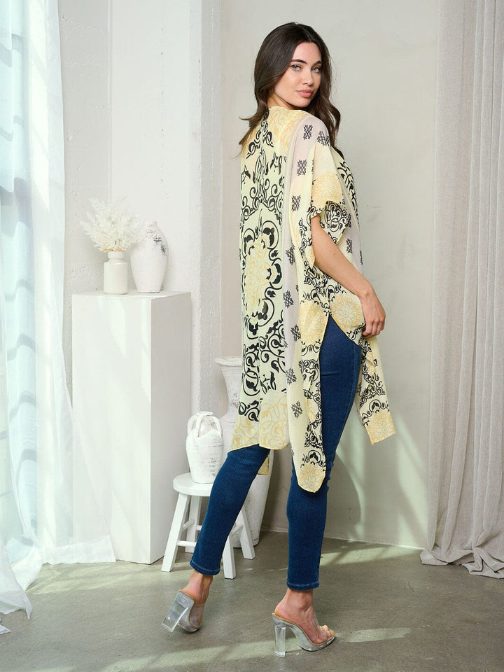 WOMEN'S SHORT SLEEVE OPEN FRONT MULTI PRINT KIMONO