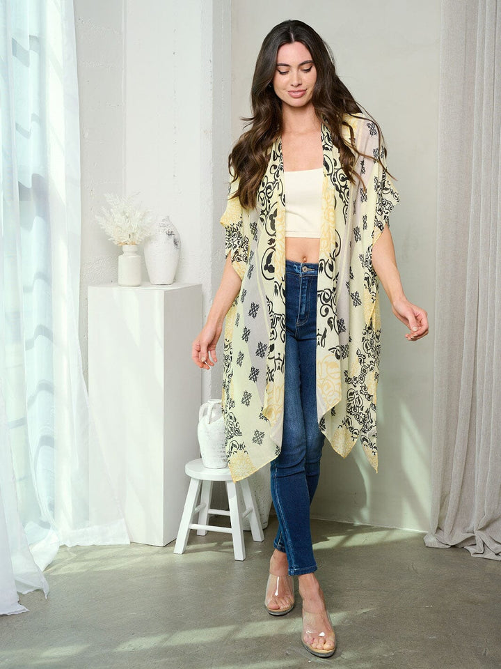 WOMEN'S SHORT SLEEVE OPEN FRONT MULTI PRINT KIMONO