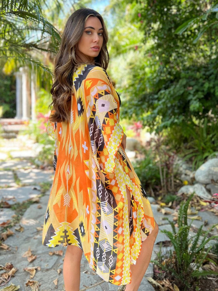 WOMEN'S SHORT SLEEVE OPEN FRONT TRIBAL PRINT KIMONO