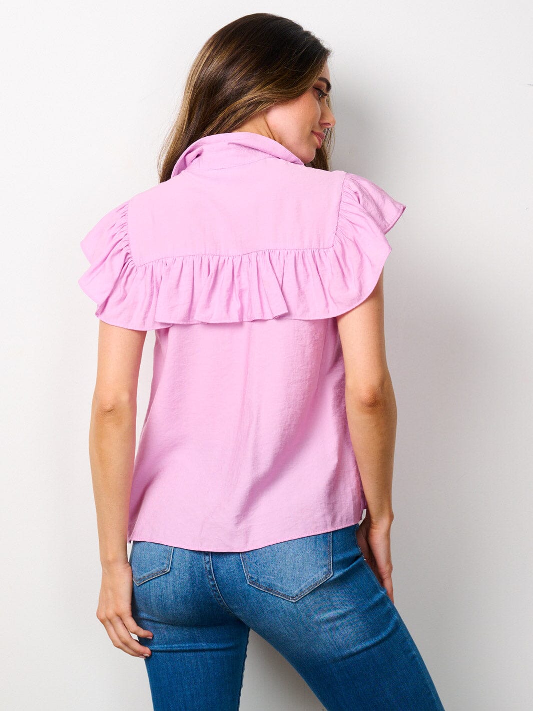 WOMEN'S SHORT SLEEVE BUTTON UP RUFFLE BLOUSE TOP