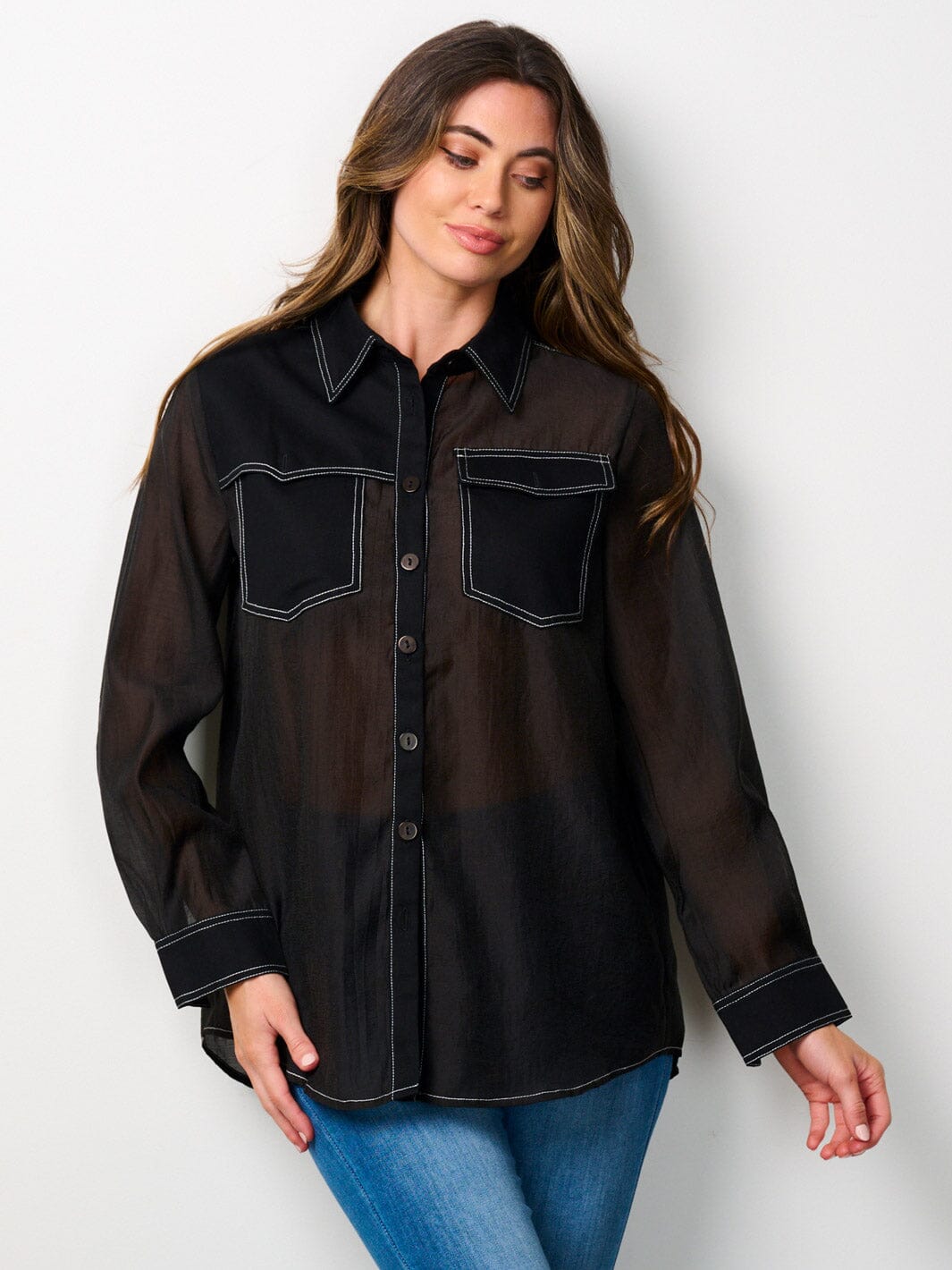 WOMEN'S LONG SLEEVE BUTTON UP FRONT POCKETS BLOUSE TOP