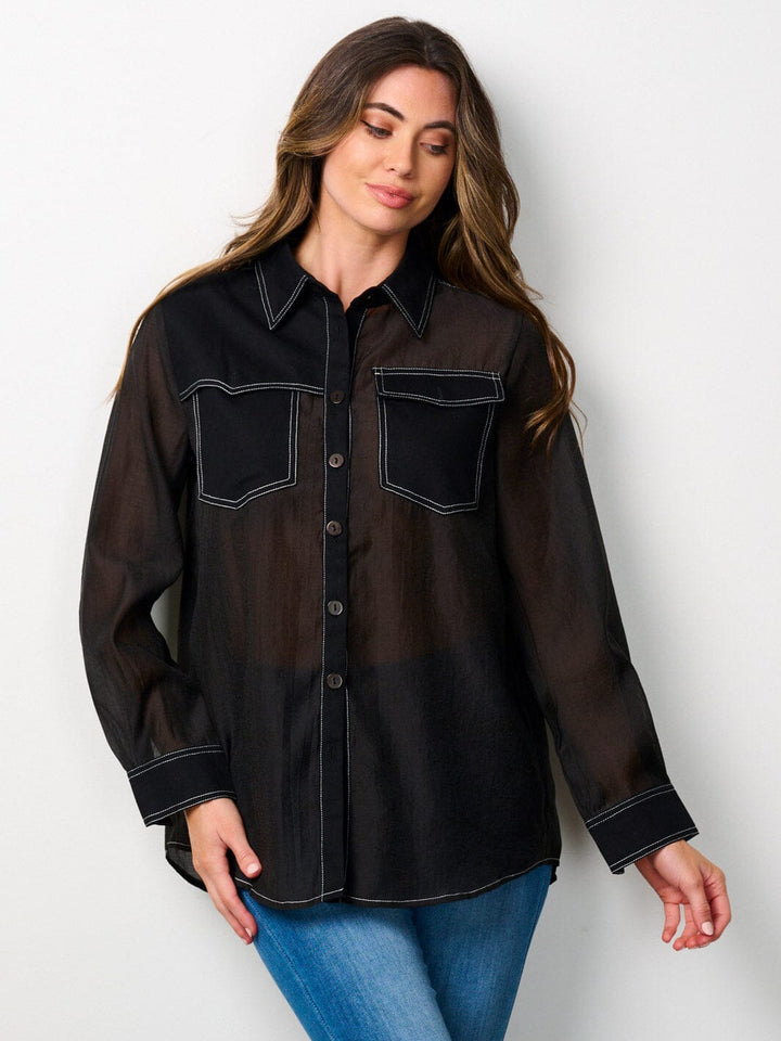 WOMEN'S LONG SLEEVE BUTTON UP FRONT POCKETS BLOUSE TOP