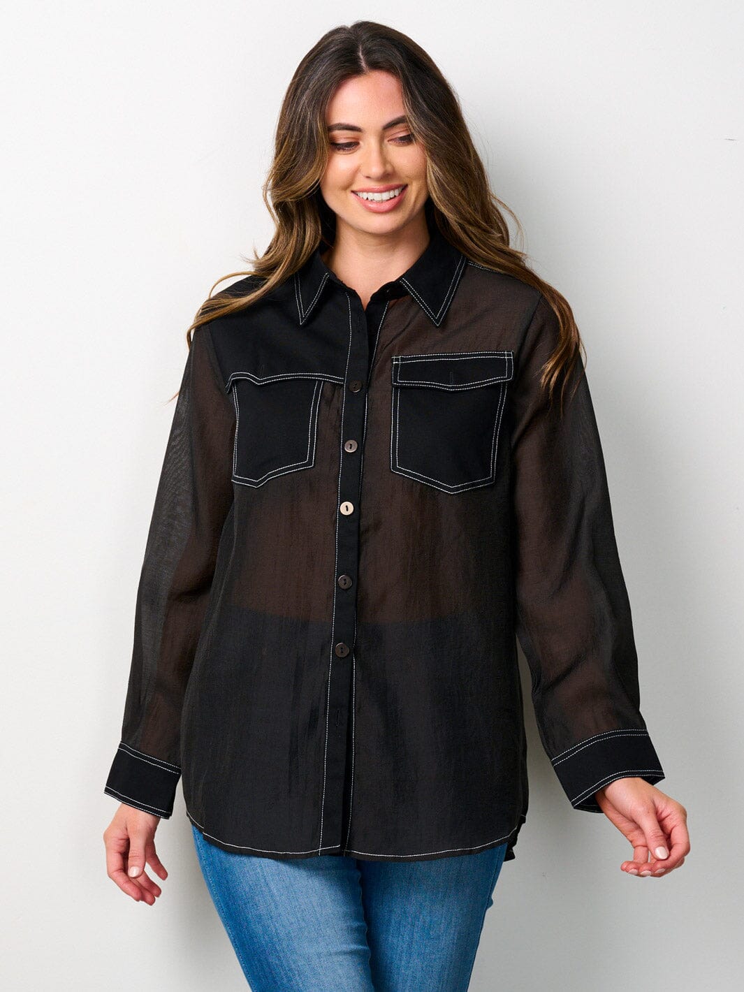 WOMEN'S LONG SLEEVE BUTTON UP FRONT POCKETS BLOUSE TOP