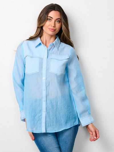 WOMEN'S LONG SLEEVE BUTTON UP FRONT POCKETS BLOUSE TOP