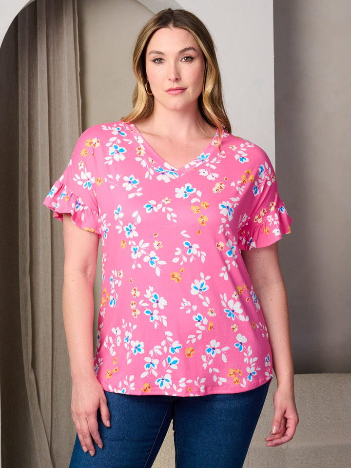 PLUS SIZE SHORT RUFFLE SLEEVE V-NECK TUNIC FLORAL TOP
