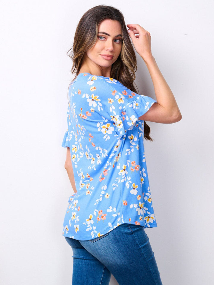 WOMEN'S SHORT RUFFLE SLEEVE V-NECK FLORAL TOP