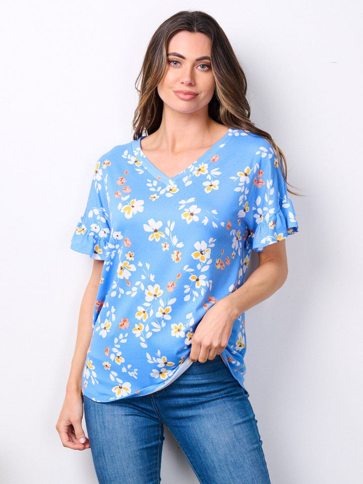 WOMEN'S SHORT RUFFLE SLEEVE V-NECK FLORAL TOP