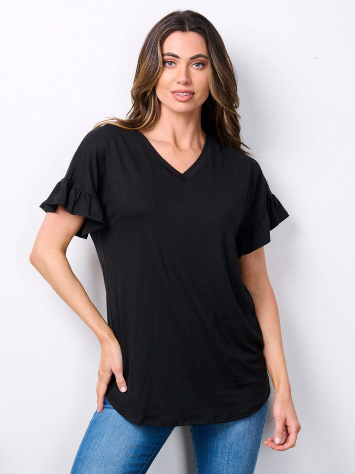 WOMEN'S SHORT RUFFLE SLEEVE V-NECK TUNIC TOP