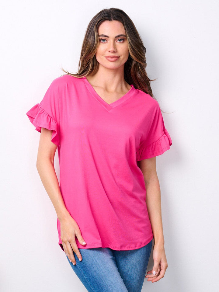 WOMEN'S SHORT RUFFLE SLEEVE V-NECK TUNIC TOP