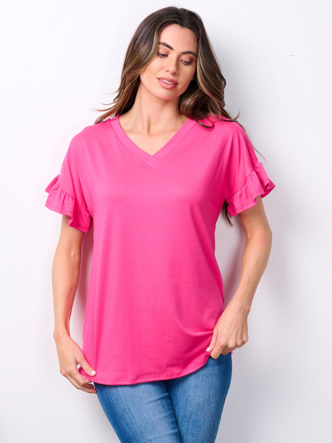 WOMEN'S SHORT RUFFLE SLEEVE V-NECK TUNIC TOP