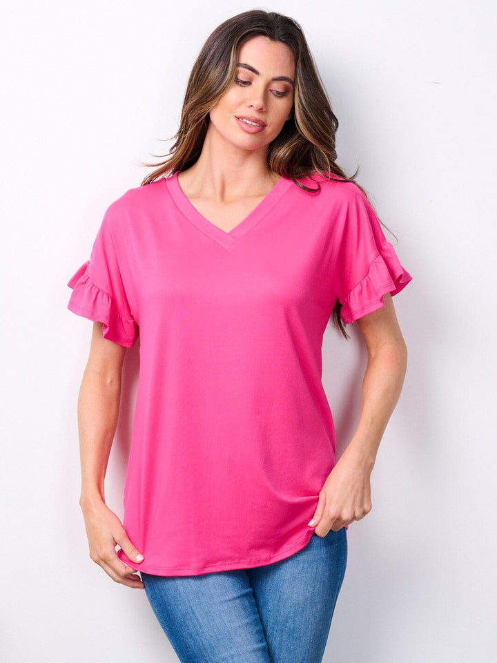 WOMEN'S SHORT RUFFLE SLEEVE V-NECK TUNIC TOP