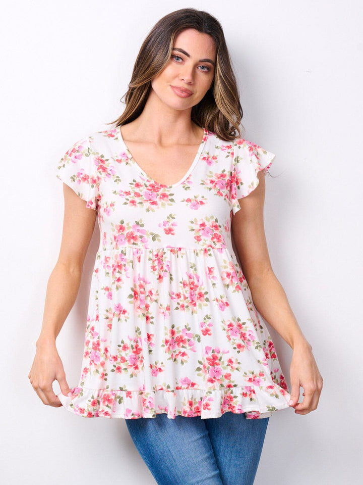 WOMEN'S SHORT SLEEVE V-NECK FLORAL PRINT RUFFLE TOP