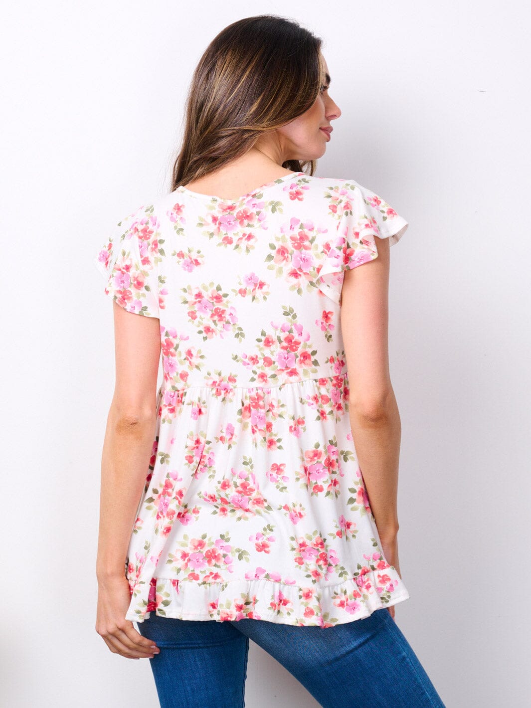 WOMEN'S SHORT SLEEVE V-NECK FLORAL PRINT RUFFLE TOP