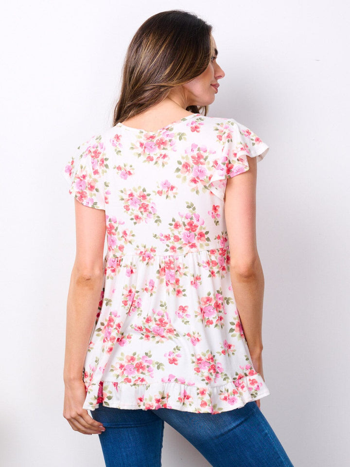 WOMEN'S SHORT SLEEVE V-NECK FLORAL PRINT RUFFLE TOP