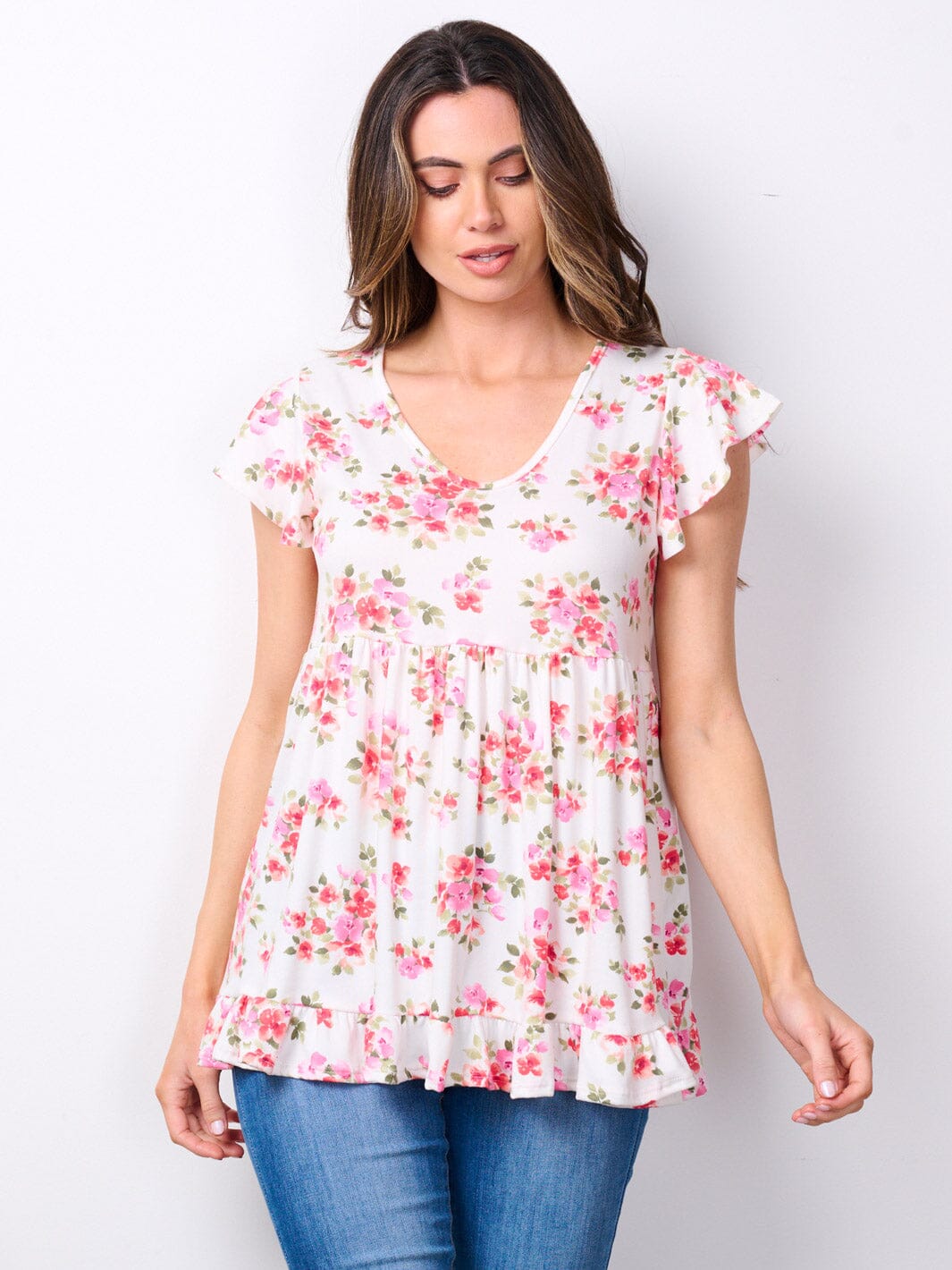 WOMEN'S SHORT SLEEVE V-NECK FLORAL PRINT RUFFLE TOP