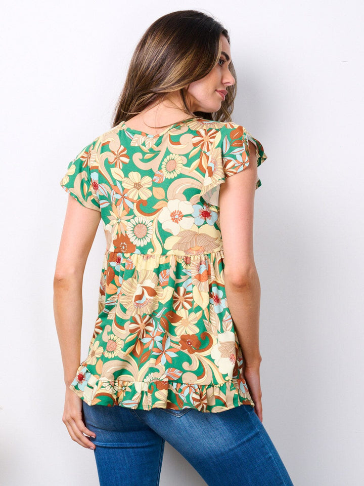 WOMEN'S SHORT SLEEVE V-NECK FLORAL PRINT TOP