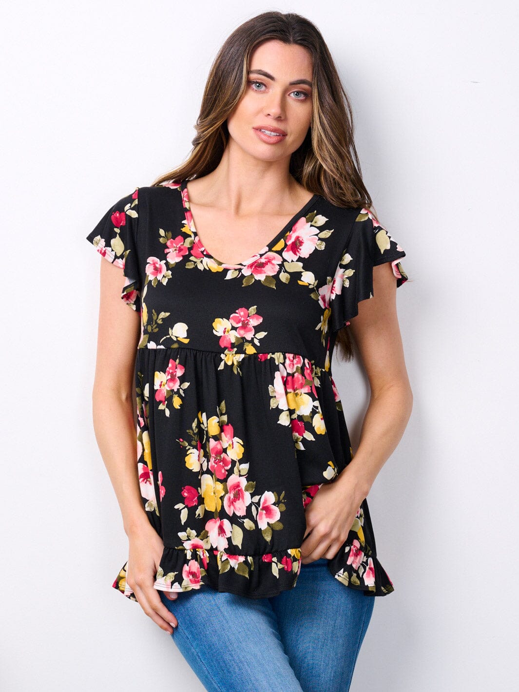 WOMEN'S SHORT SLEEVE V-NECK FLORAL PRINT RUFFLE TOP