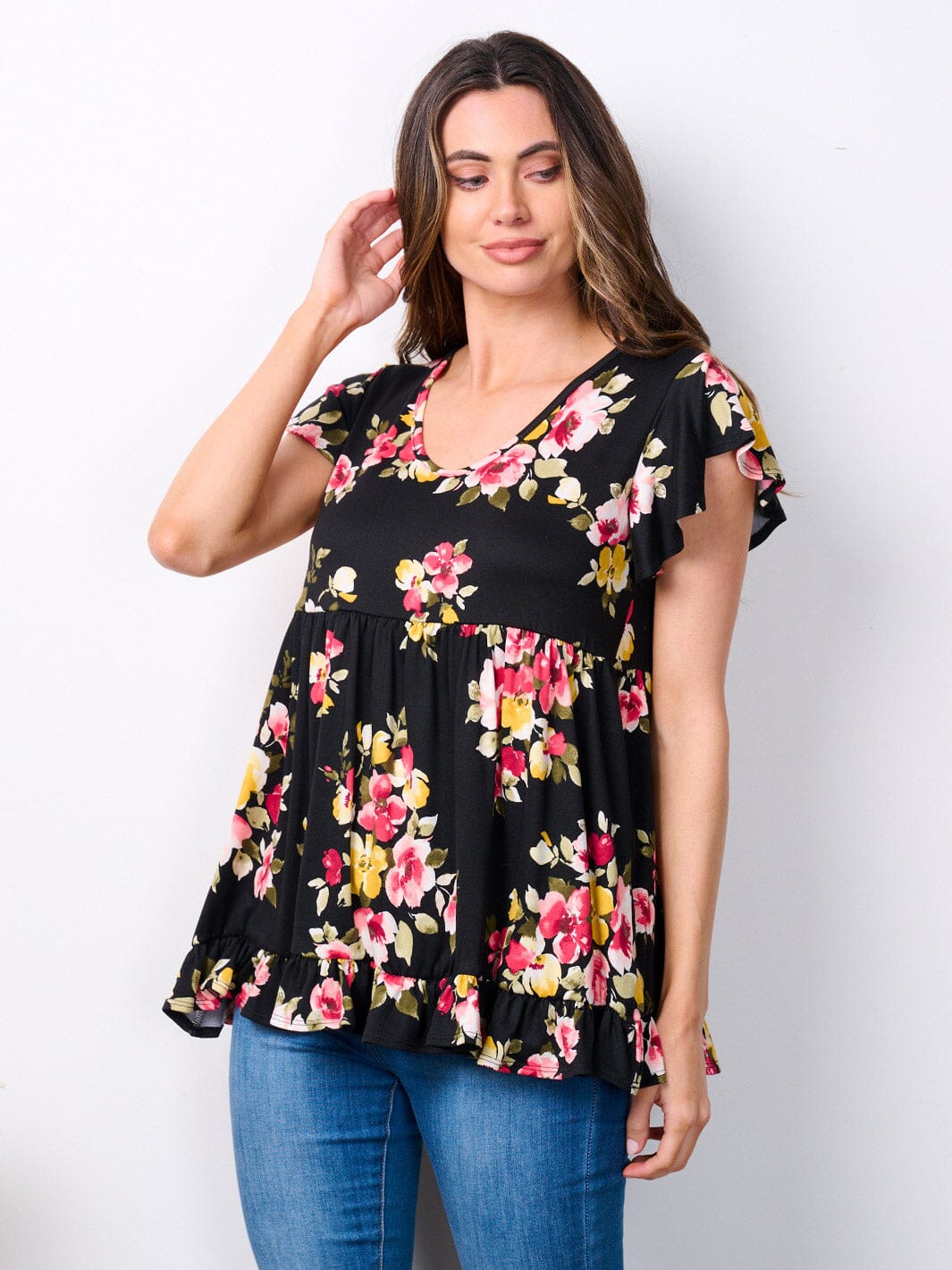 WOMEN'S SHORT SLEEVE V-NECK FLORAL PRINT RUFFLE TOP