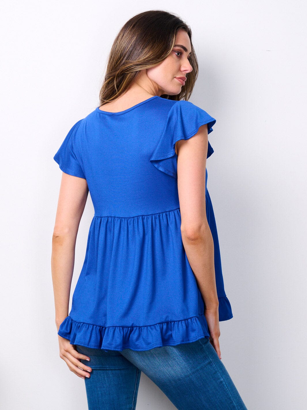 WOMEN'S SHORT RUFFLE SLEEVE V-NECK TOP