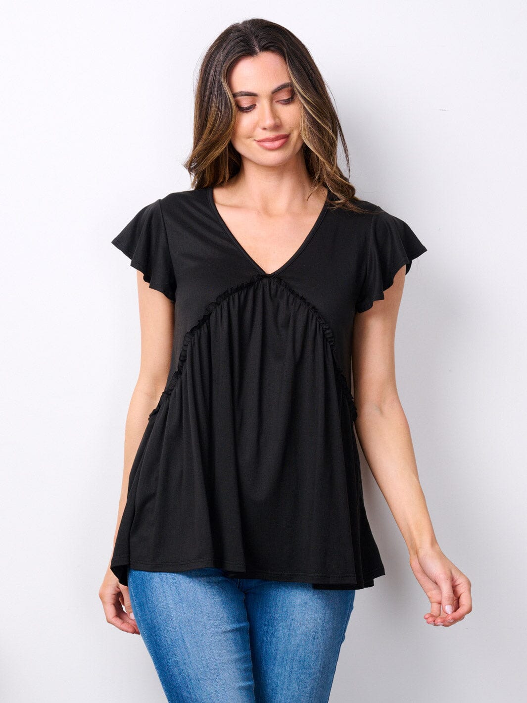 WOMEN'S SHORT RUFFLE SLEEVE V-NECK TUNIC TOP