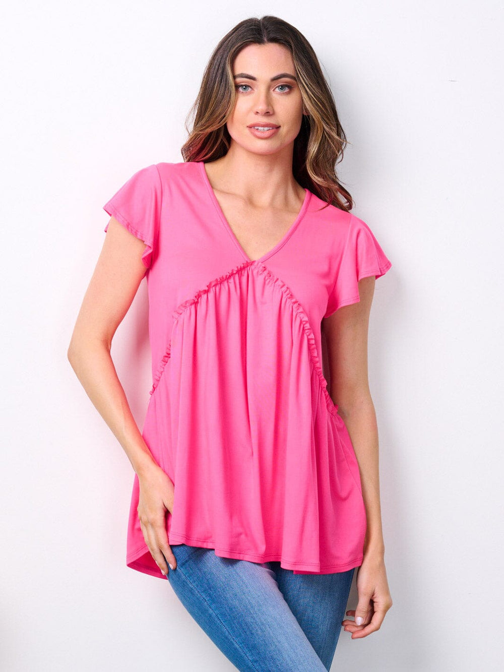 WOMEN'S SHORT RUFFLE SLEEVE V-NECK TUNIC TOP