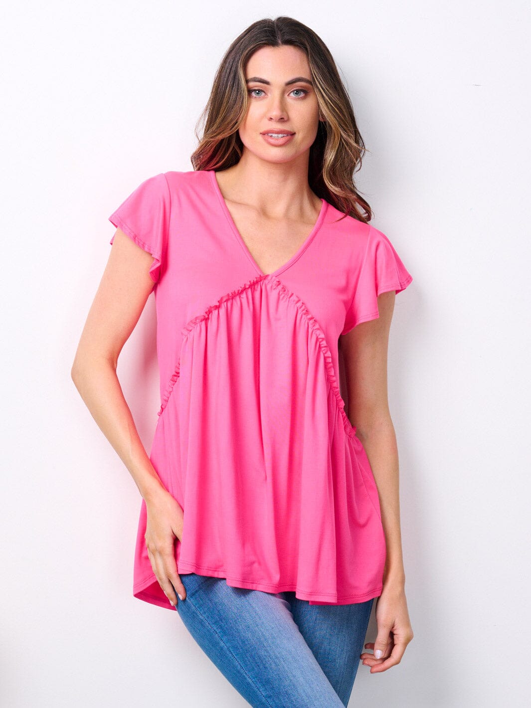 WOMEN'S SHORT RUFFLE SLEEVE V-NECK TUNIC TOP