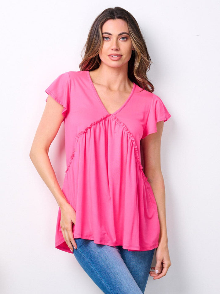 WOMEN'S SHORT RUFFLE SLEEVE V-NECK TUNIC TOP