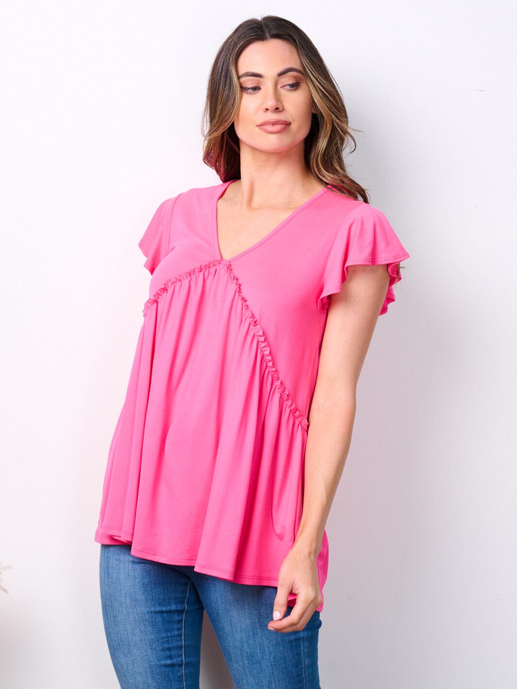 WOMEN'S SHORT RUFFLE SLEEVE V-NECK TUNIC TOP