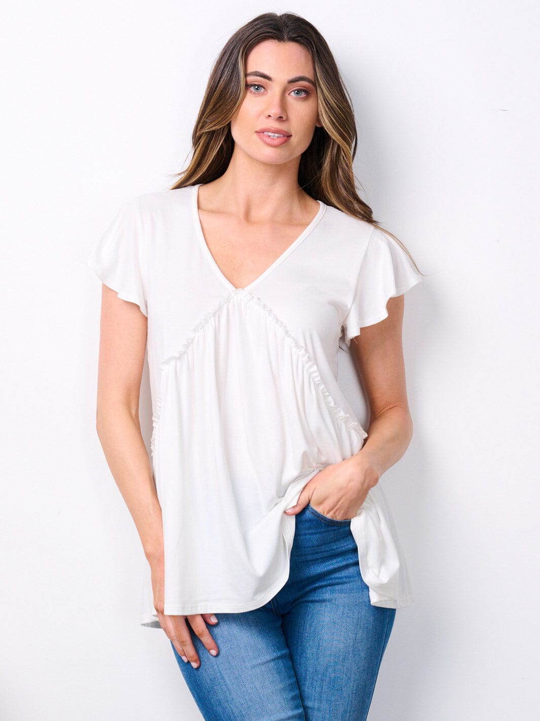 WOMEN'S SHORT RUFFLE SLEEVE V-NECK TUNIC TOP