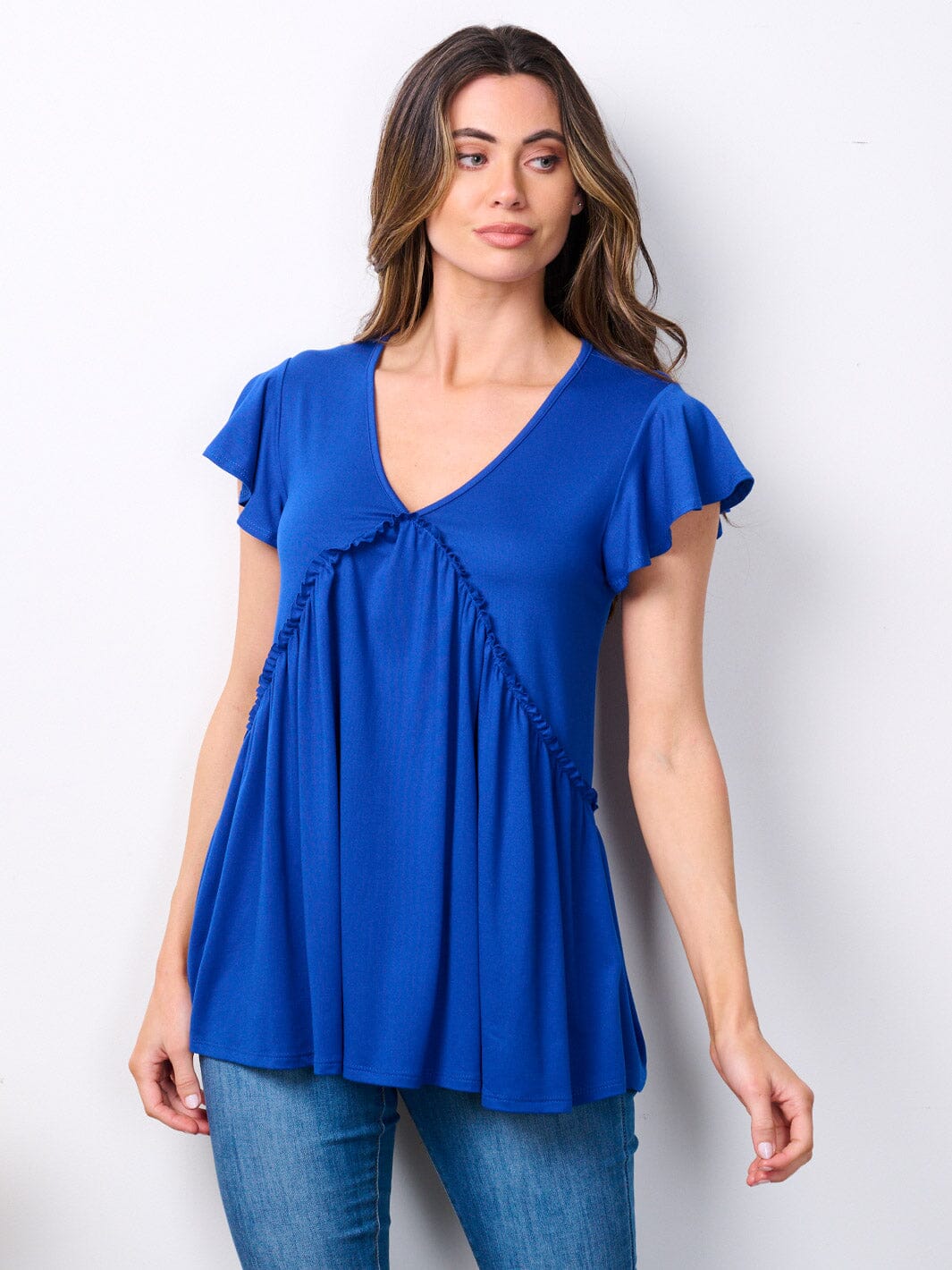 WOMEN'S SHORT RUFFLE SLEEVE V-NECK TUNIC TOP