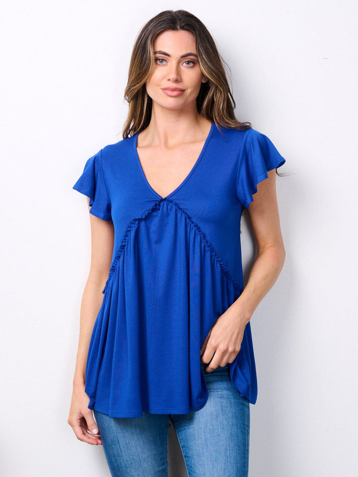 WOMEN'S SHORT RUFFLE SLEEVE V-NECK TUNIC TOP