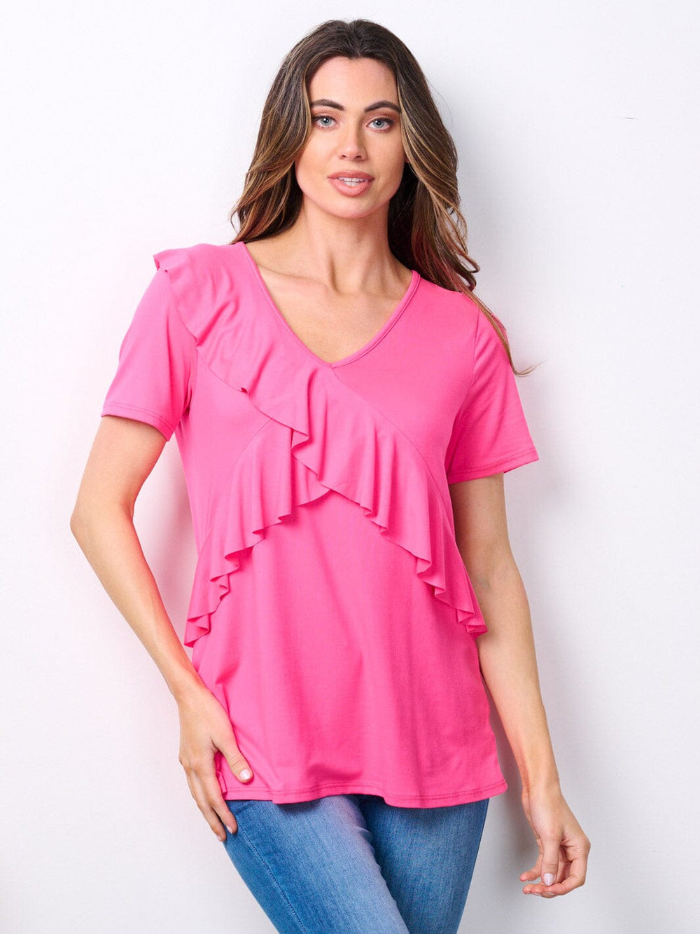WOMEN'S SHORT SLEEVE V-NECK RUFFLE DETAILED TOP
