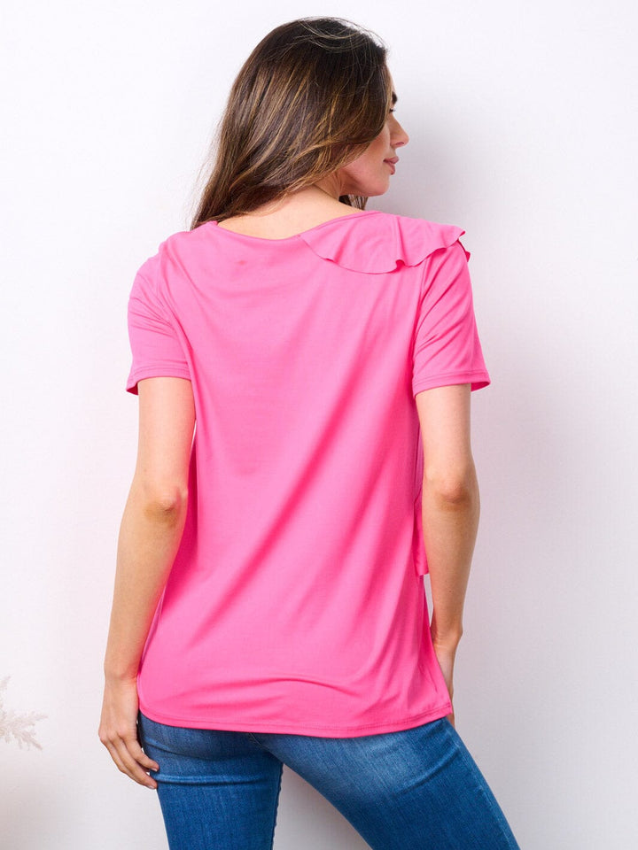 WOMEN'S SHORT SLEEVE V-NECK RUFFLE DETAILED TOP