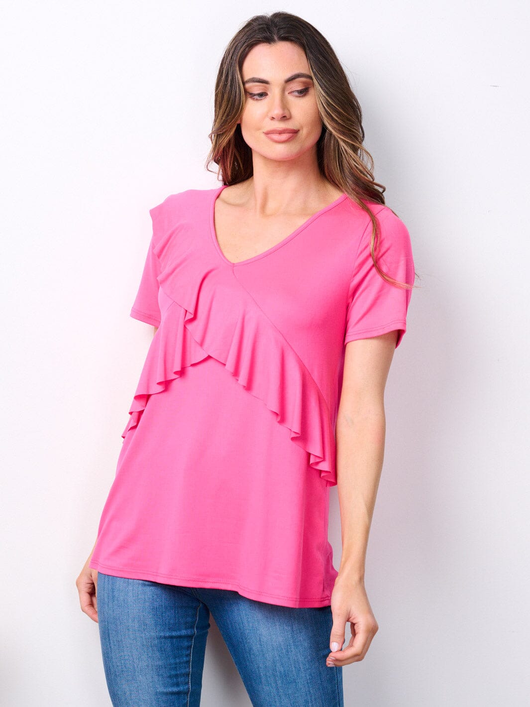 WOMEN'S SHORT SLEEVE V-NECK RUFFLE DETAILED TOP