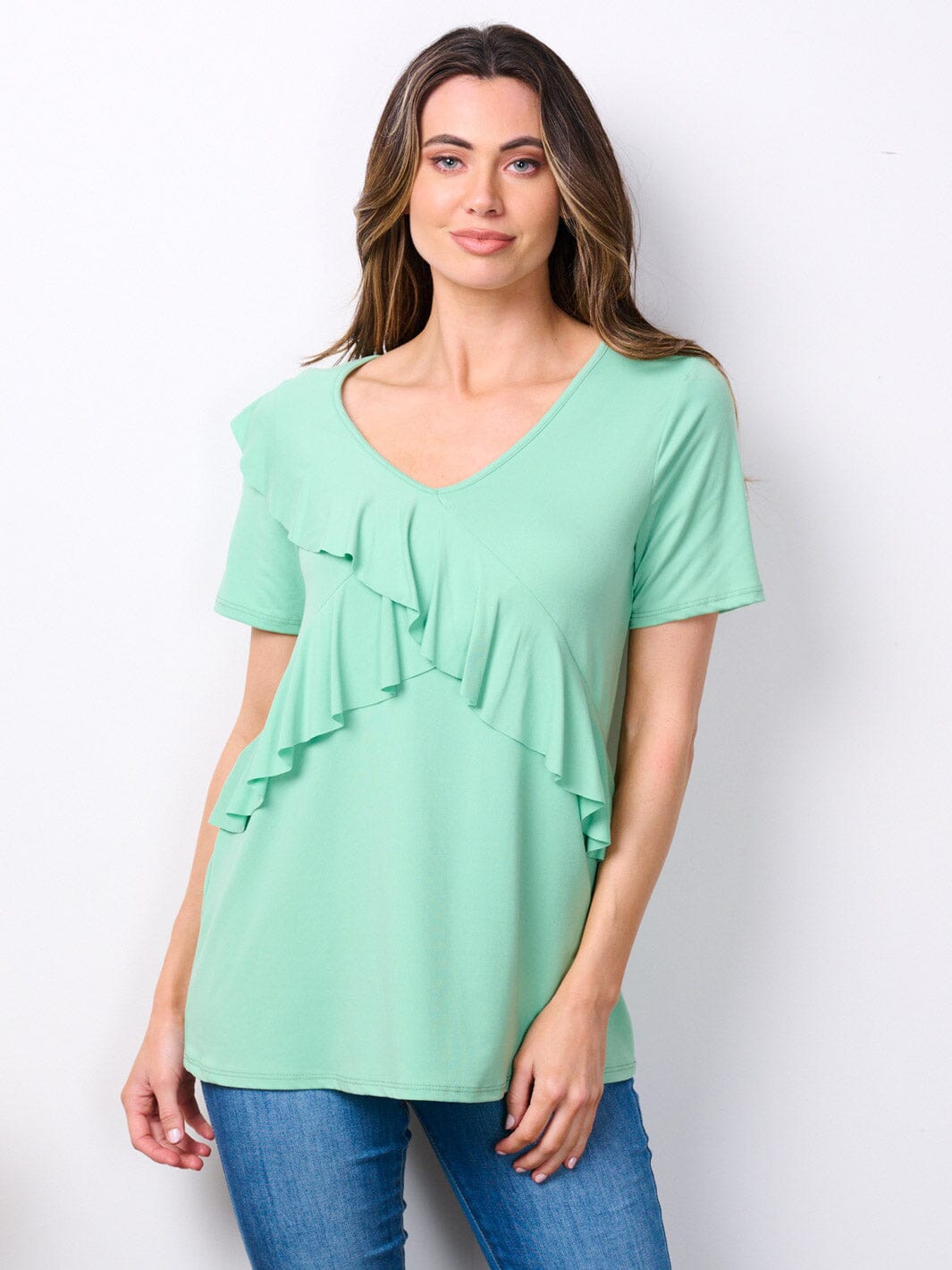 WOMEN'S SHORT SLEEVE V-NECK RUFFLE DETAILED TOP