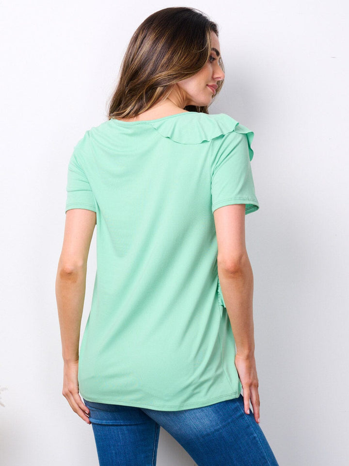WOMEN'S SHORT SLEEVE V-NECK RUFFLE DETAILED TOP