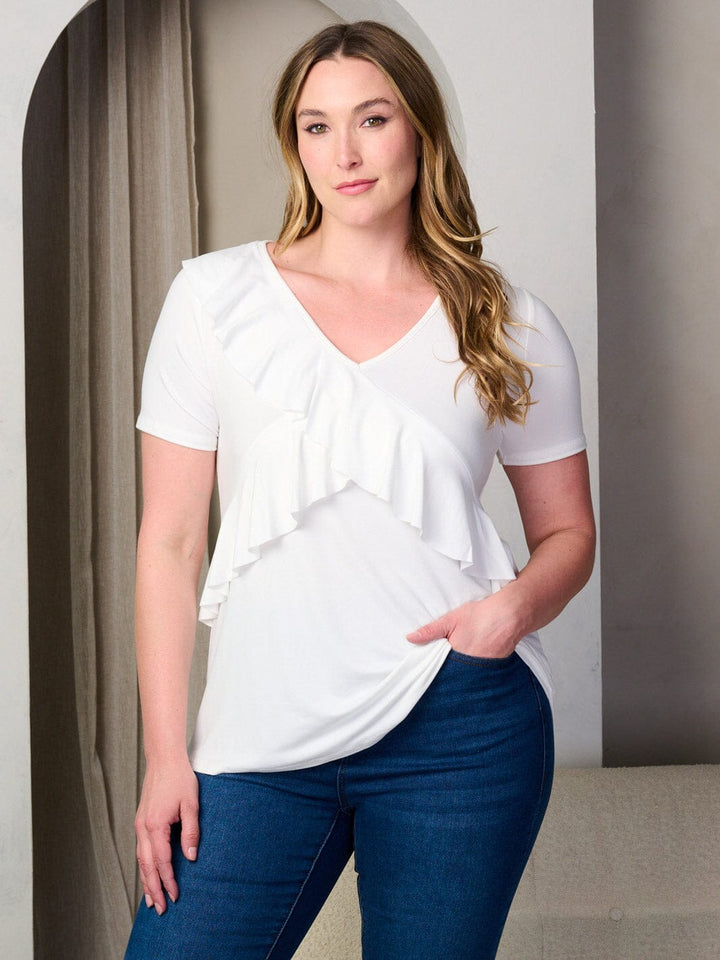 PLUS SIZE SHORT SLEEVE V-NECK RUFFLE DETAILED TUNIC TOP