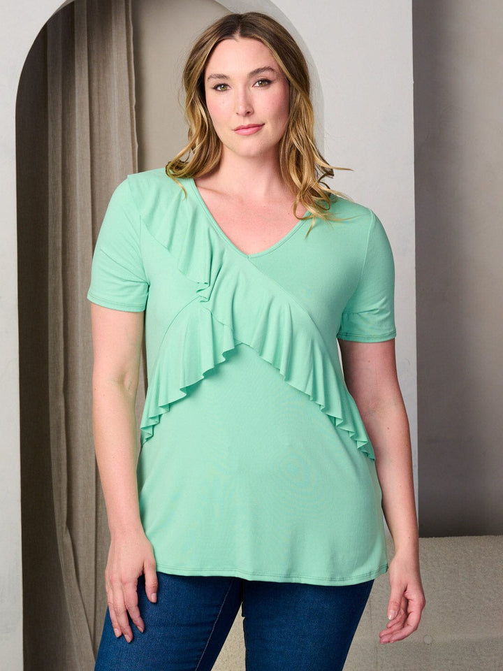 PLUS SIZE SHORT SLEEVE V-NECK RUFFLE DETAILED TUNIC TOP