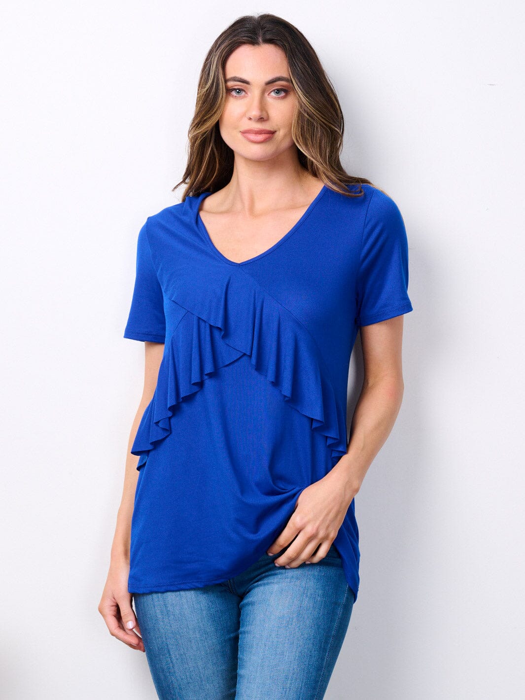WOMEN'S SHORT SLEEVE V-NECK RUFFLE DETAILED TOP