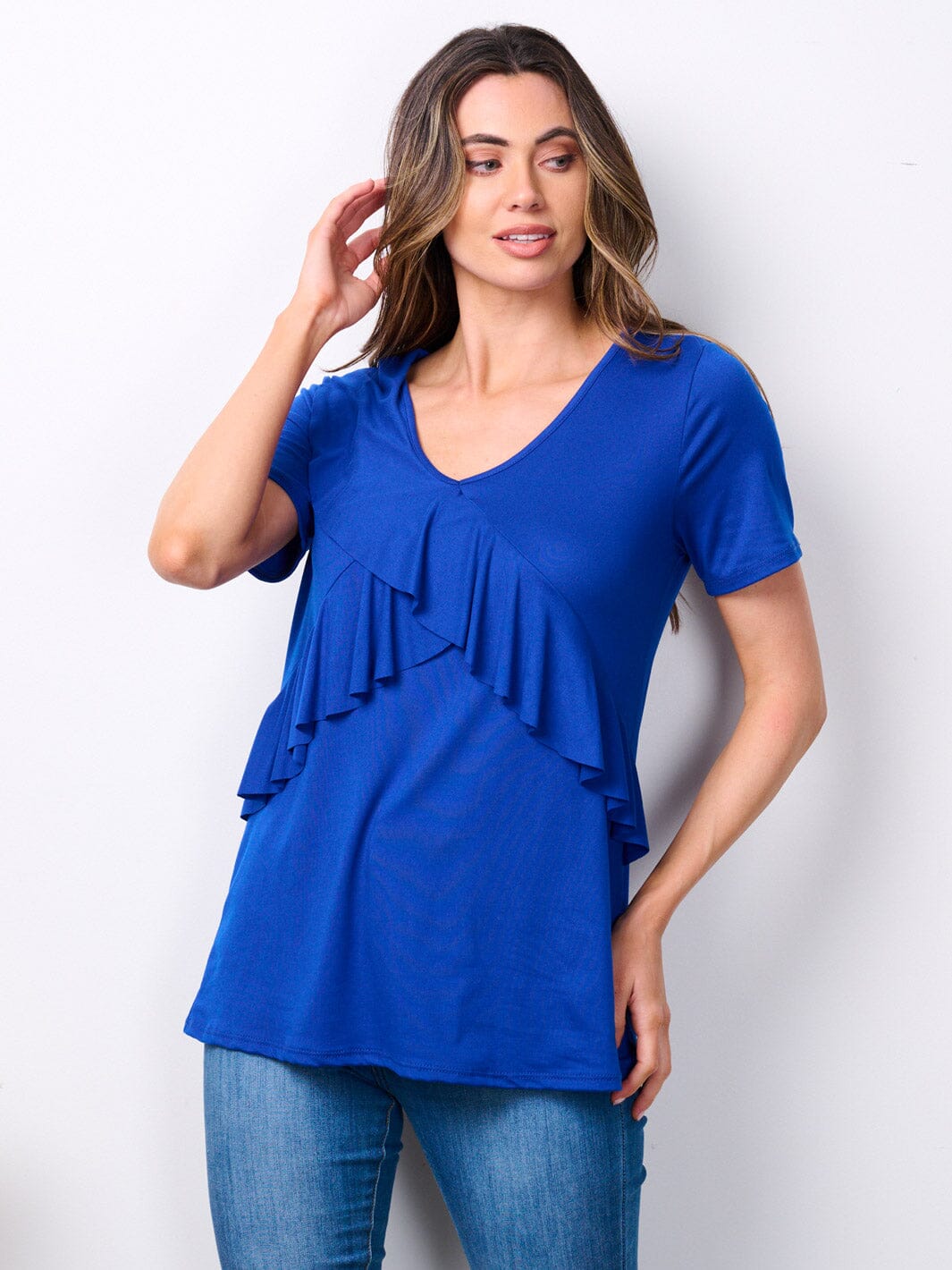 WOMEN'S SHORT SLEEVE V-NECK RUFFLE DETAILED TOP