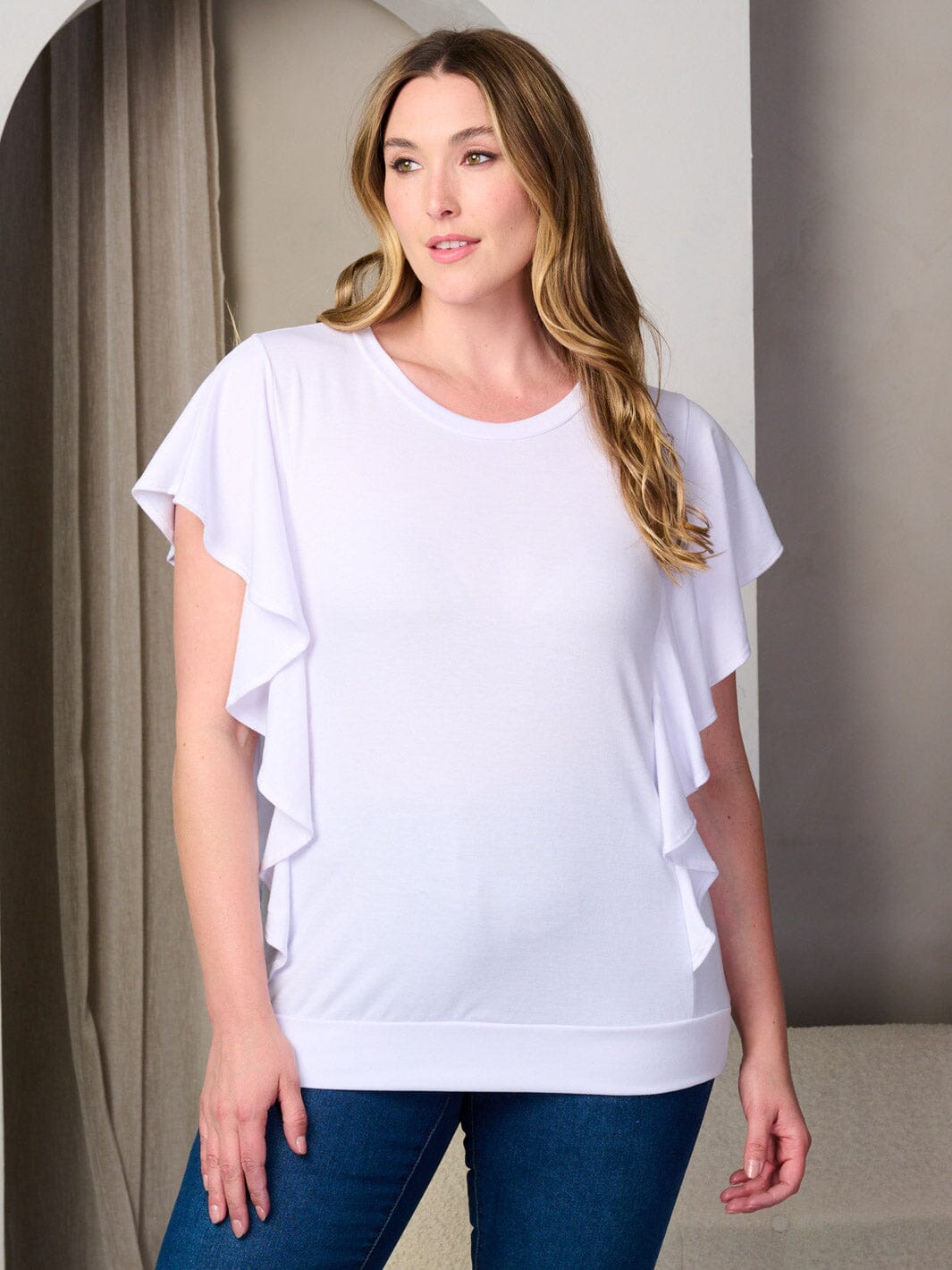PLUS SIZE SHORT SLEEVE RUFFLE TUNIC TOP