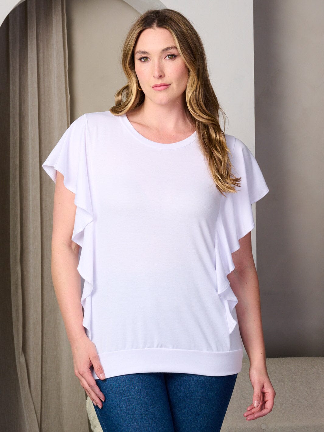 PLUS SIZE SHORT SLEEVE RUFFLE TUNIC TOP