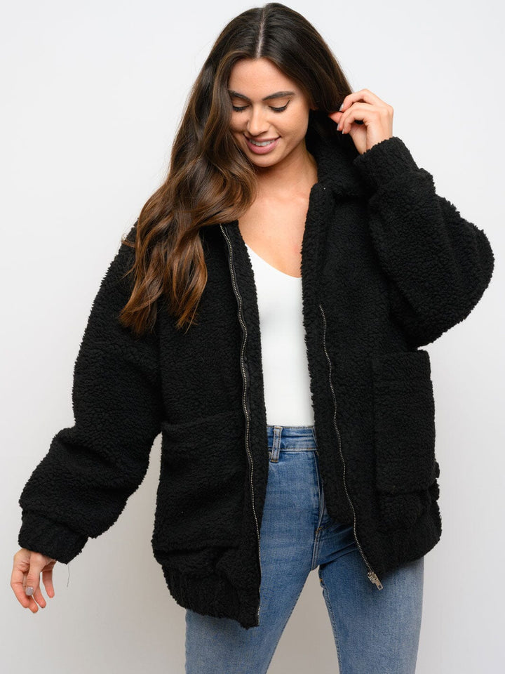 WOMEN'S LONG SLEEVEFRONT POCKETS ZIPPER CLOSURE SHERPA JACKET