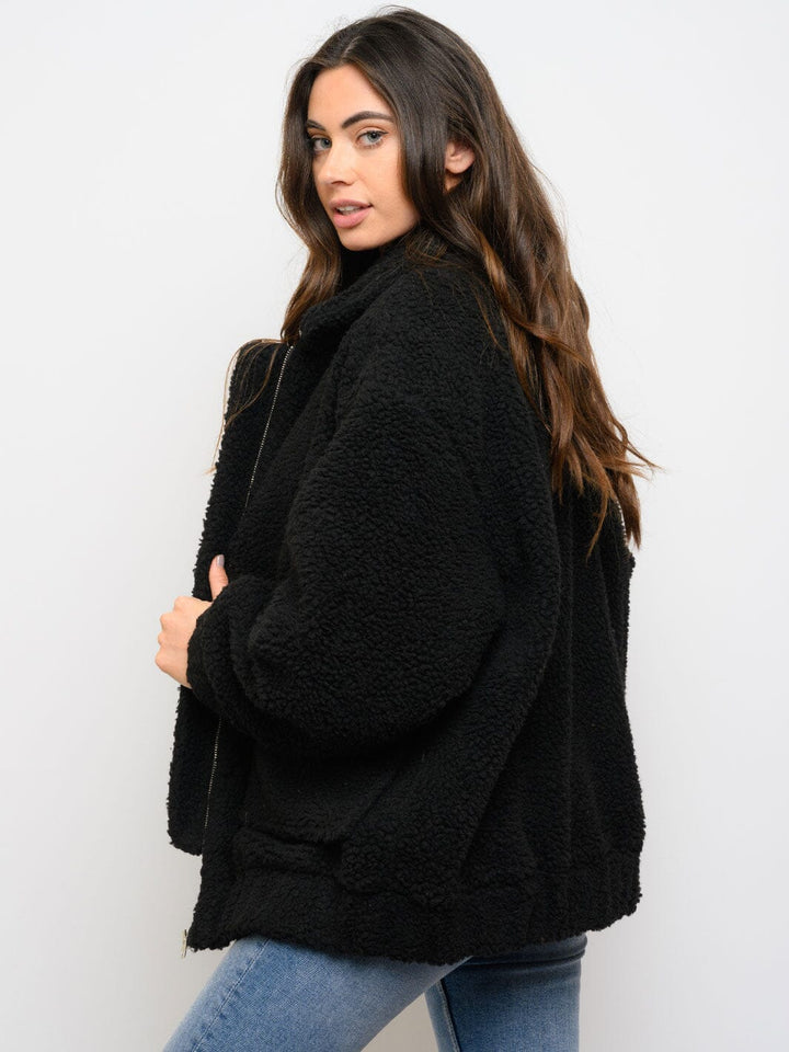 WOMEN'S LONG SLEEVEFRONT POCKETS ZIPPER CLOSURE SHERPA JACKET