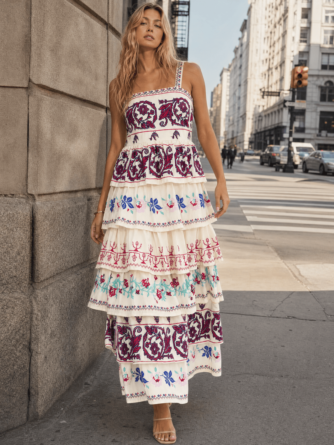 WOMEN'S SLEEVELESS SMOCK BACK RUFFLE TIERED MULTI PRINT MAXI DRESS