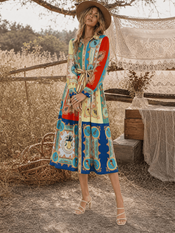 WOMEN'S LONG SLEEVE SELF TIE BUTTON UP MULTI PRINT MIDI DRESS