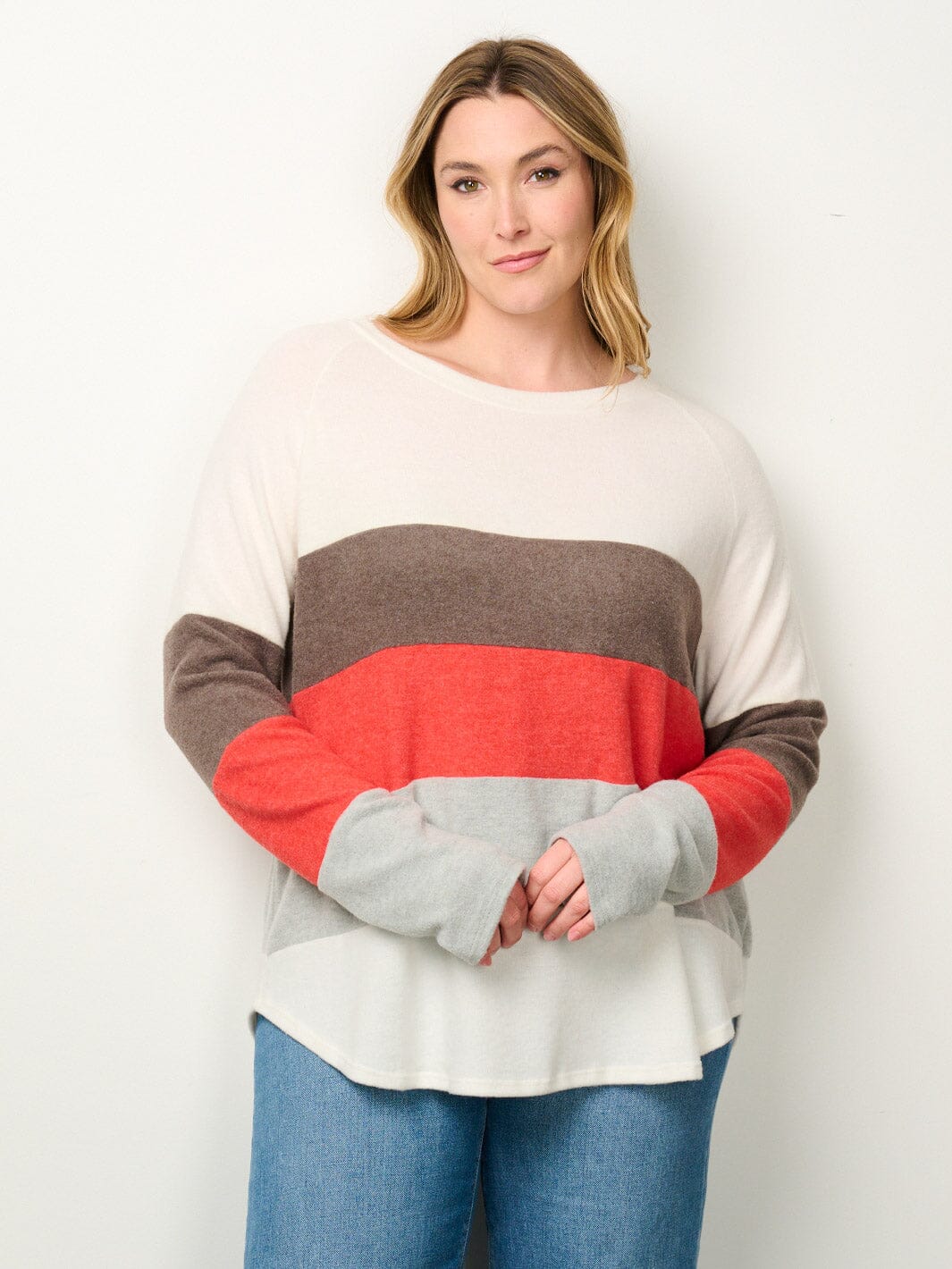 PLUS SIZE LONG SLEEVE COLORBLOCK TOP